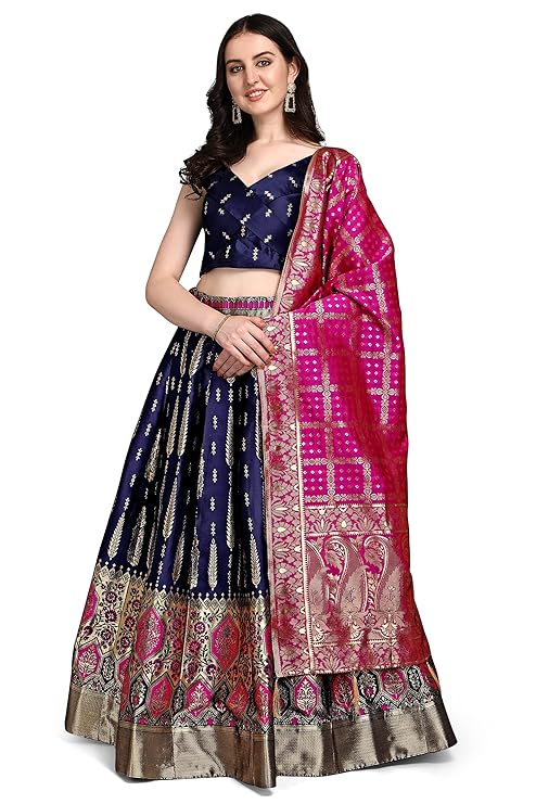 Women's Faux Silk Jacquard Semi-Stitched Embroidered Fabric Lehenga Choli