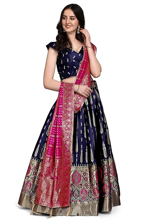 Women's Faux Silk Jacquard Semi-Stitched Embroidered Fabric Lehenga Choli