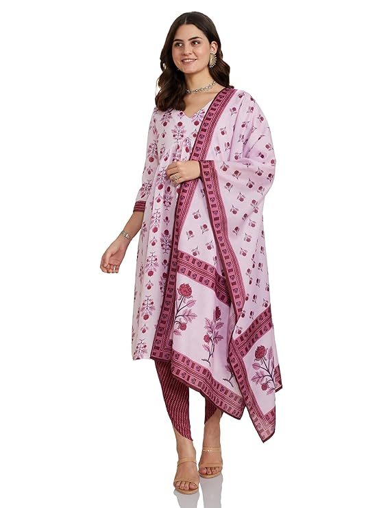 Myx Women's Cotton Blend Relaxed Printed Alia-Cut Anarkali Kurta Pant Set with Dupatta