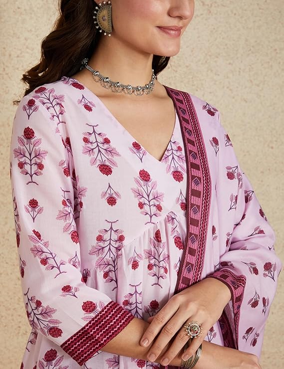 Myx Women's Cotton Blend Relaxed Printed Alia-Cut Anarkali Kurta Pant Set with Dupatta