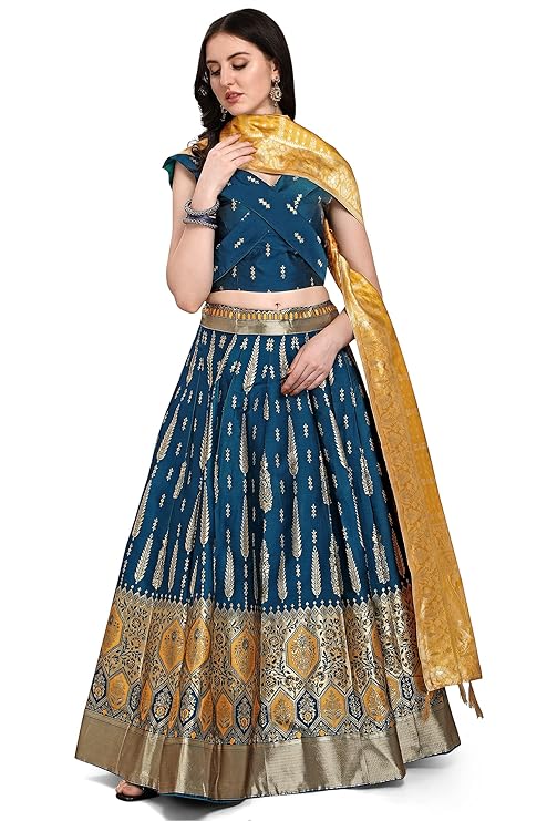 Women's Faux Silk Jacquard Semi-Stitched Embroidered Fabric Lehenga Choli