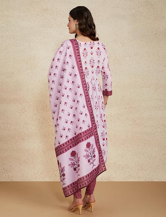 Myx Women's Cotton Blend Relaxed Printed Alia-Cut Anarkali Kurta Pant Set with Dupatta