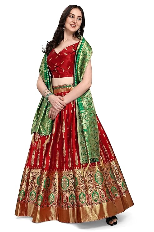 Women's Faux Silk Jacquard Semi-Stitched Embroidered Fabric Lehenga Choli