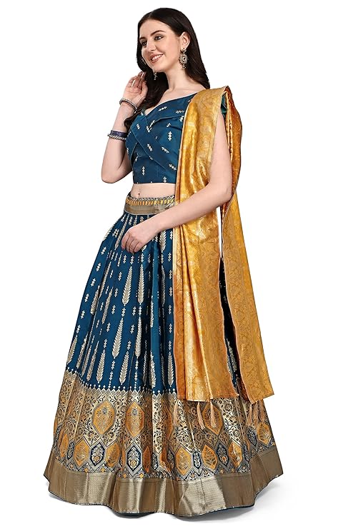 Women's Faux Silk Jacquard Semi-Stitched Embroidered Fabric Lehenga Choli