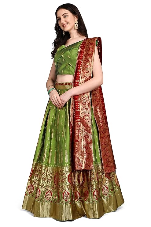 Women's Faux Silk Jacquard Semi-Stitched Embroidered Fabric Lehenga Choli
