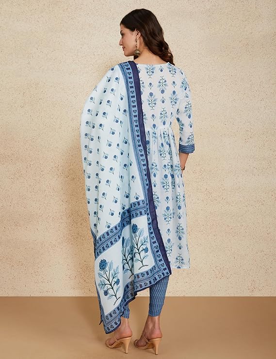 Myx Women's Cotton Blend Relaxed Printed Alia-Cut Anarkali Kurta Pant Set with Dupatta