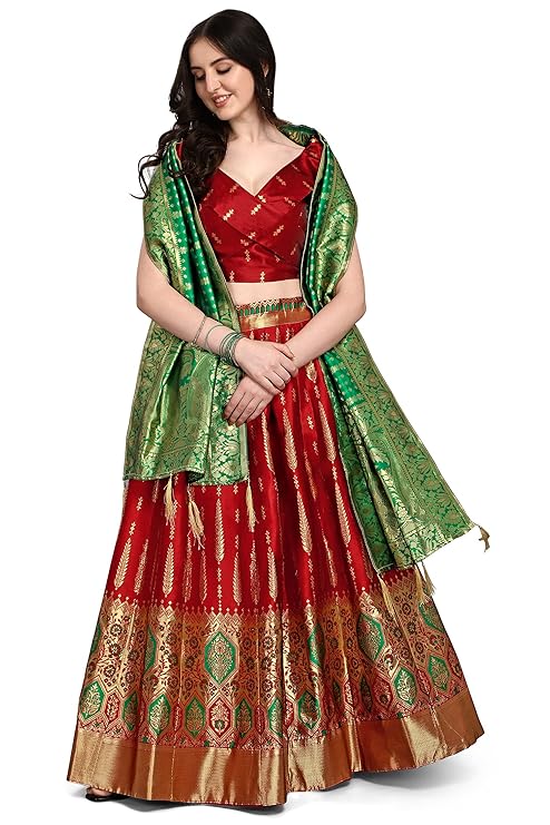 Women's Faux Silk Jacquard Semi-Stitched Embroidered Fabric Lehenga Choli