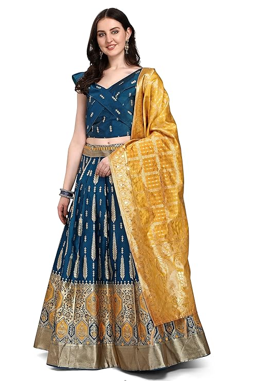 Women's Faux Silk Jacquard Semi-Stitched Embroidered Fabric Lehenga Choli