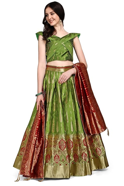 Women's Faux Silk Jacquard Semi-Stitched Embroidered Fabric Lehenga Choli