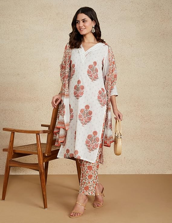 Myx Women's Blend Regular Cotton Rich Printed Kurta Pant Set with Dupatta