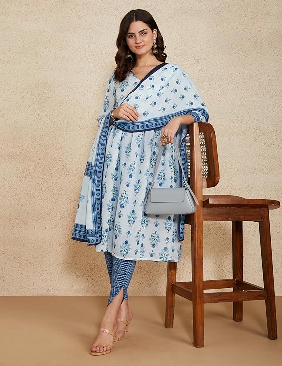 Myx Women's Cotton Blend Relaxed Printed Alia-Cut Anarkali Kurta Pant Set with Dupatta