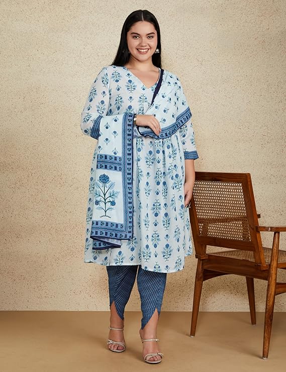 Myx Women's Cotton Blend Relaxed Printed Alia-Cut Anarkali Kurta Pant Set with Dupatta
