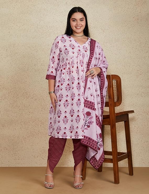 Myx Women's Cotton Blend Relaxed Printed Alia-Cut Anarkali Kurta Pant Set with Dupatta