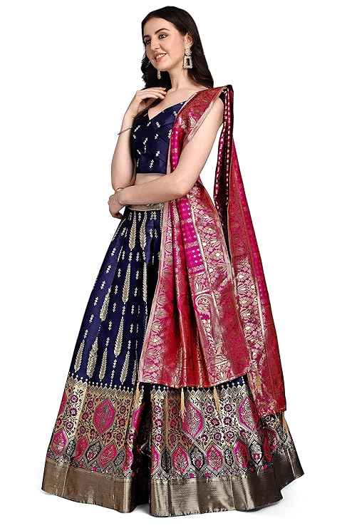 Women's Faux Silk Jacquard Semi-Stitched Embroidered Fabric Lehenga Choli
