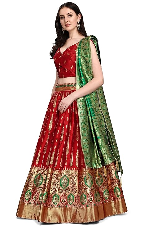 Women's Faux Silk Jacquard Semi-Stitched Embroidered Fabric Lehenga Choli