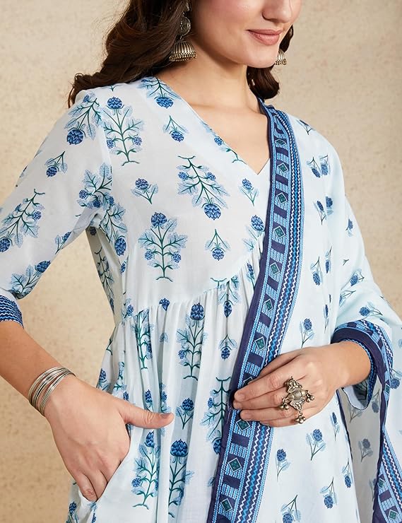Myx Women's Cotton Blend Relaxed Printed Alia-Cut Anarkali Kurta Pant Set with Dupatta
