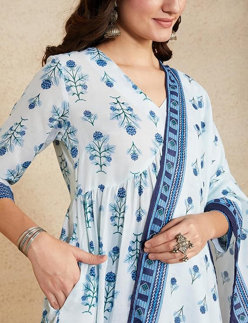 Myx Women's Cotton Blend Relaxed Printed Alia-Cut Anarkali Kurta Pant Set with Dupatta